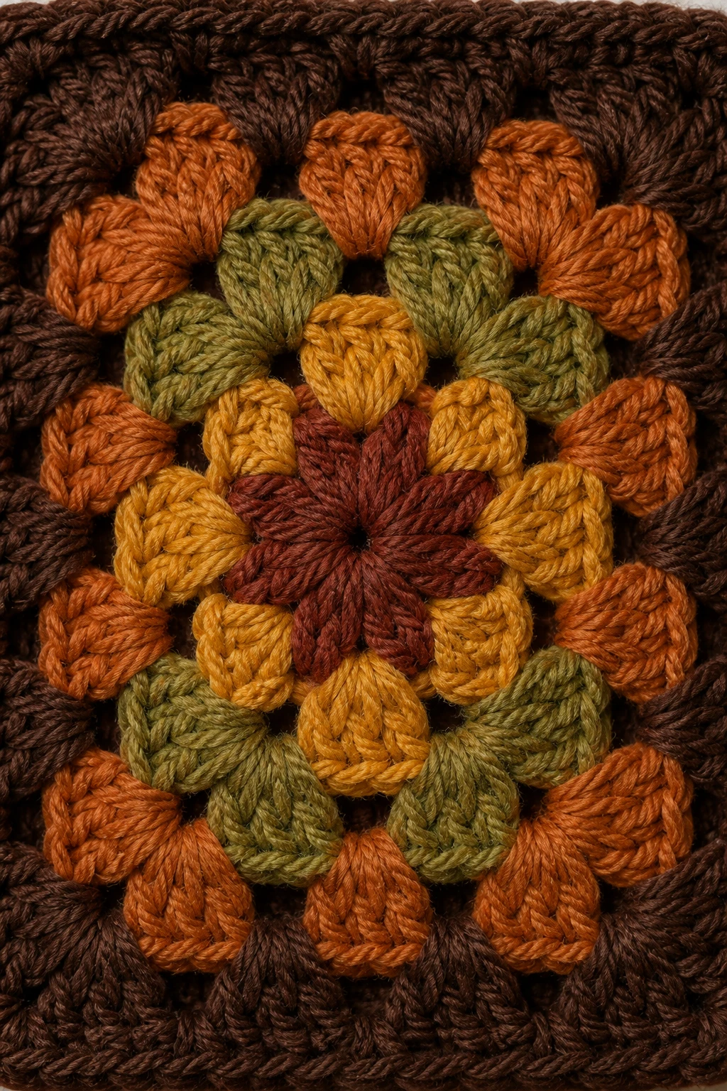 closeup of a granny square with seasonal palette yarns in autumn tones