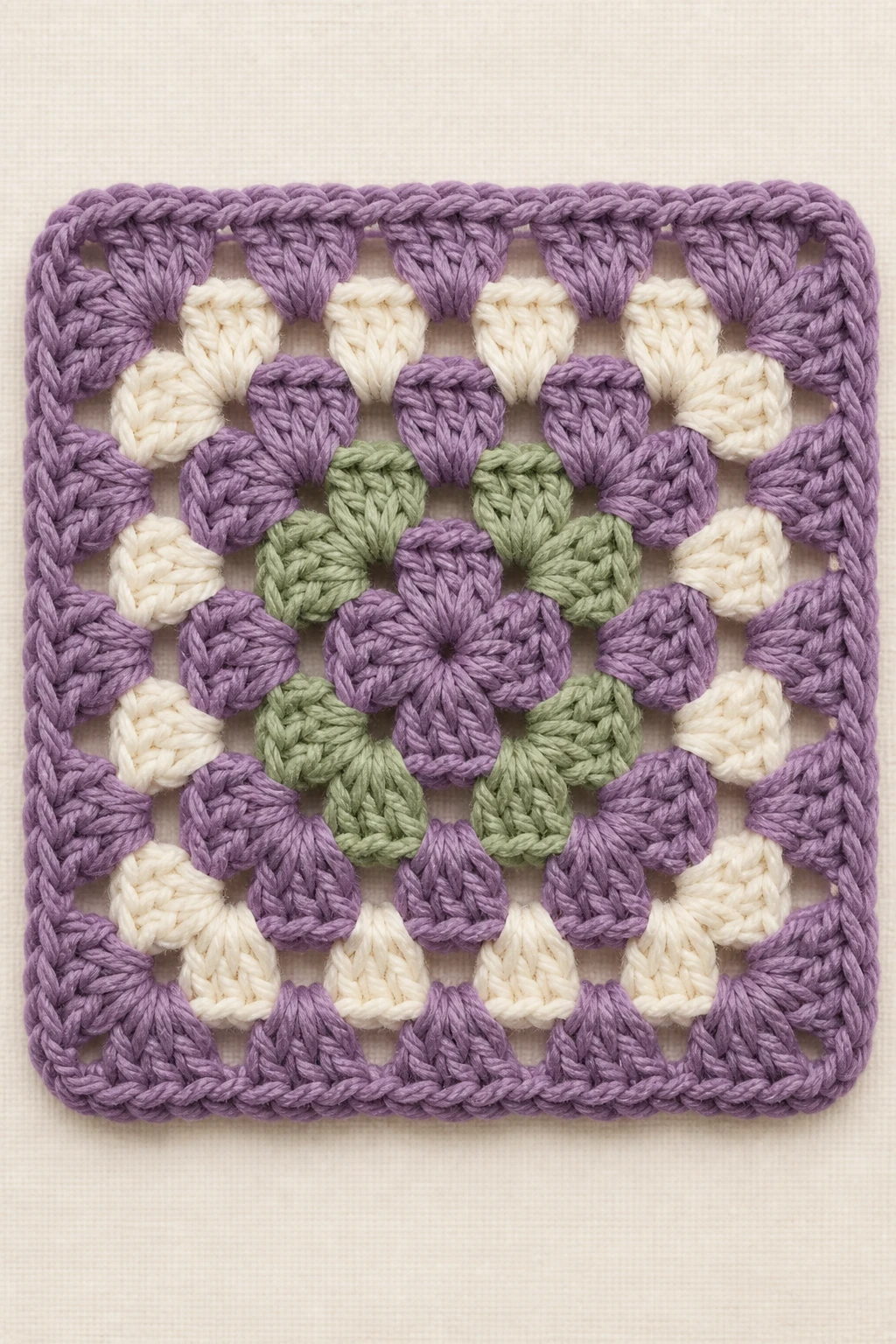 closeup of a single granny square showing dominant color with two accent pops on neutral background