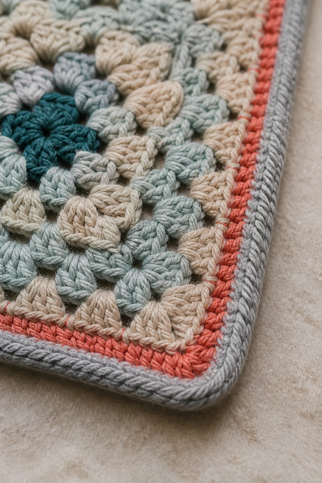 Closeup of edge-beveled border on granny square blanket, subtle color pop