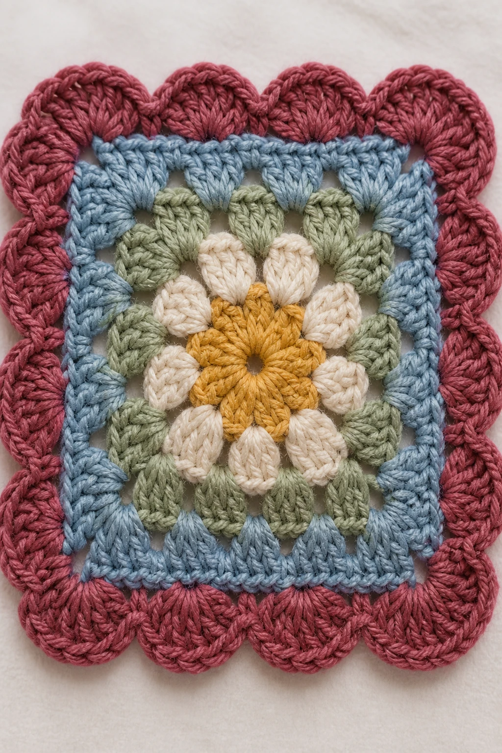 Closeup of a single granny square with a bold shell edging on soft yarn