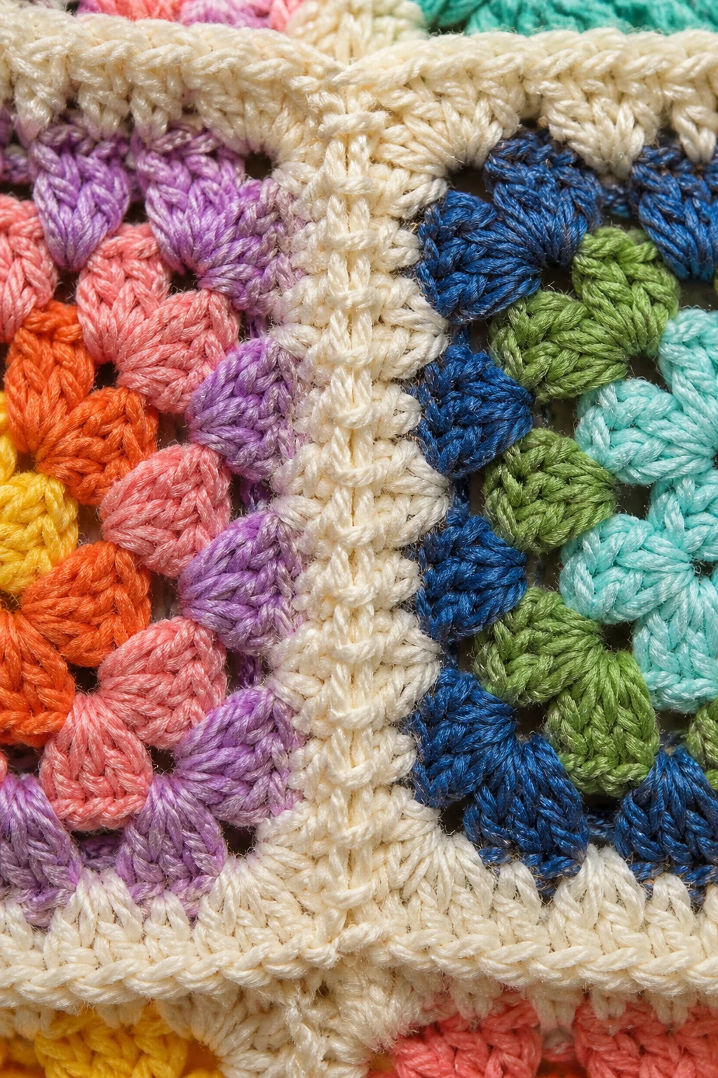 Closeup of a single join-as-you-go seam on a colorful granny square blanket