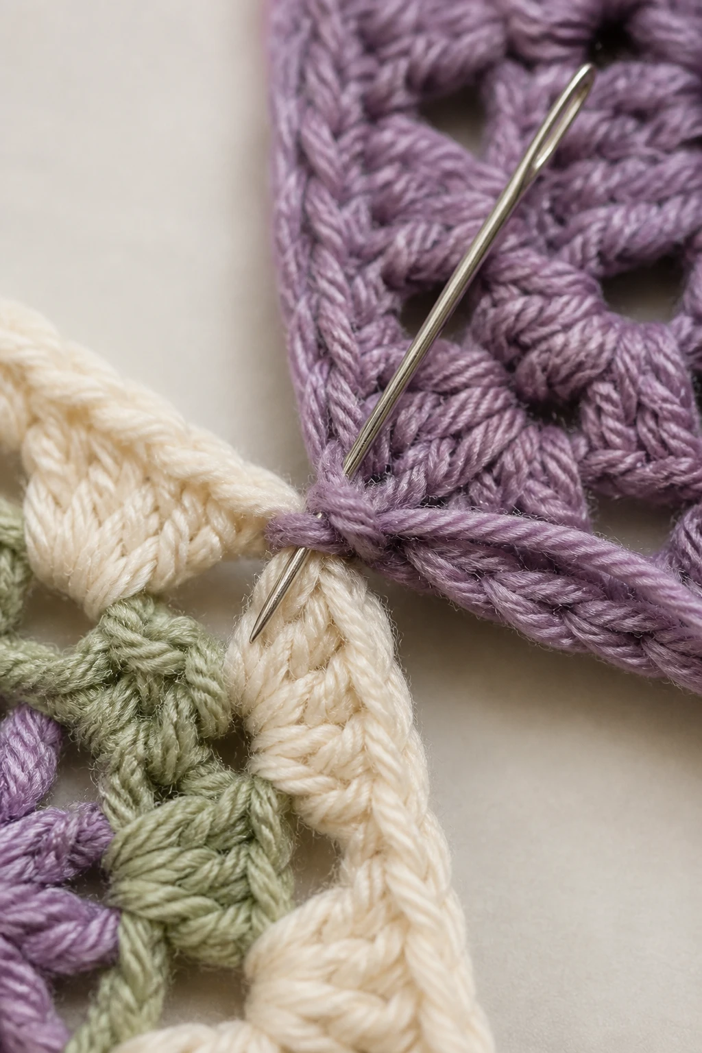 Closeup of a single granny square corner joining needle knot
