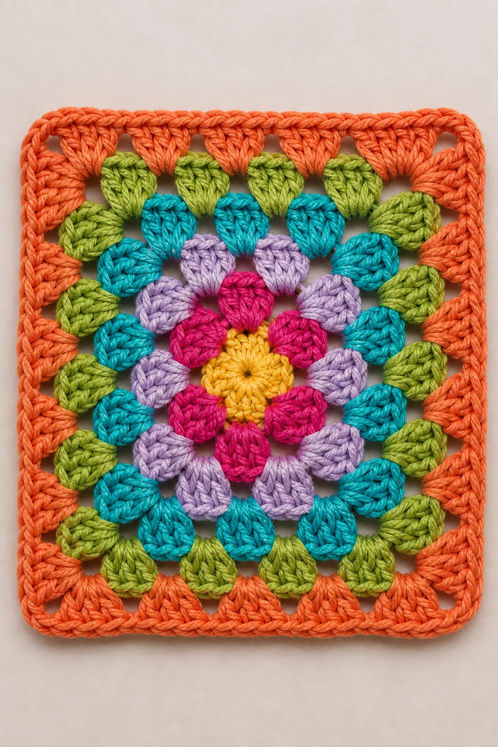 Closeup of a single granny square with colorful yarns on a neutral background
