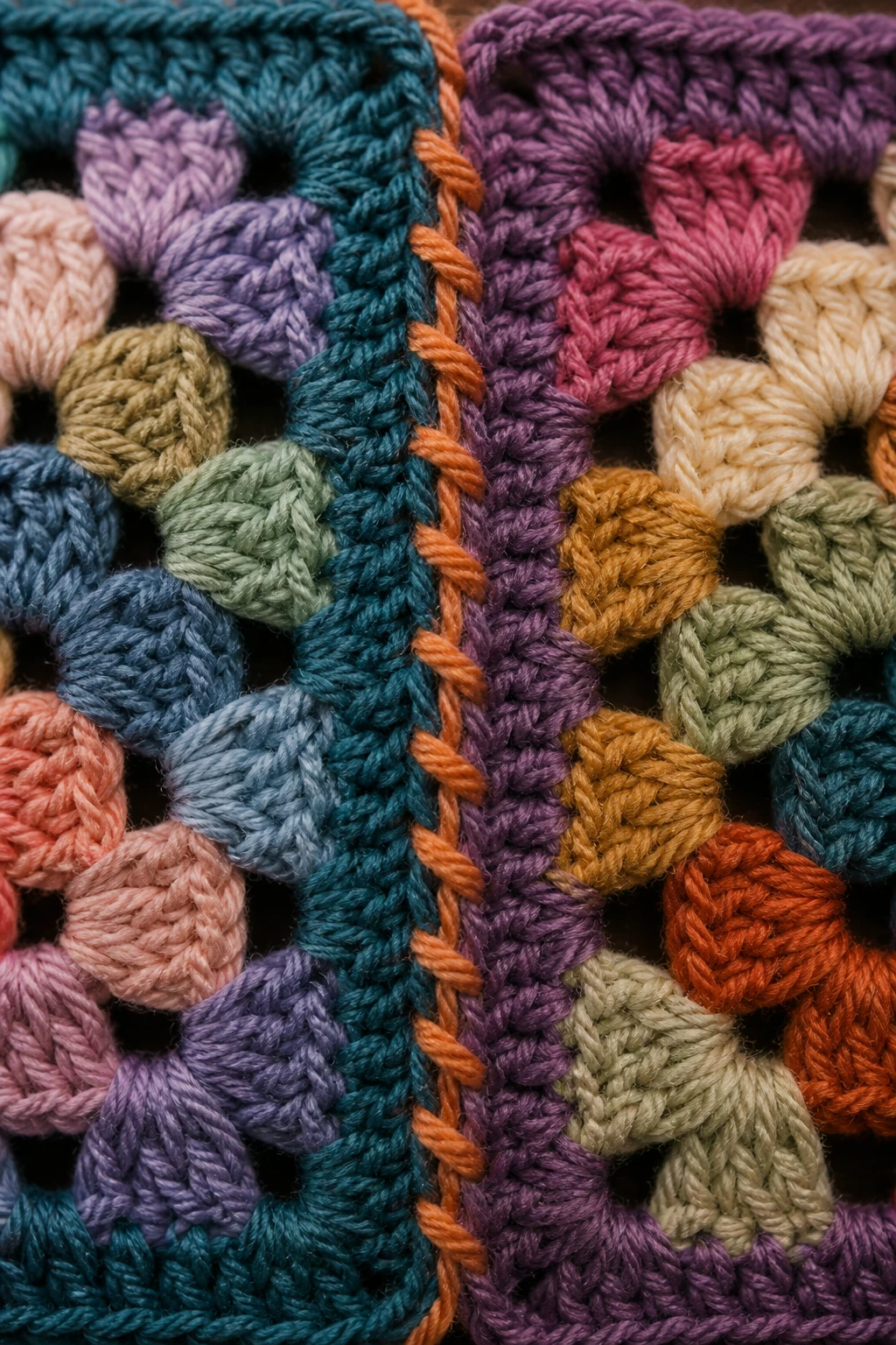 Focused shot of one granny square edge seam detail with contrasting yarn highlight