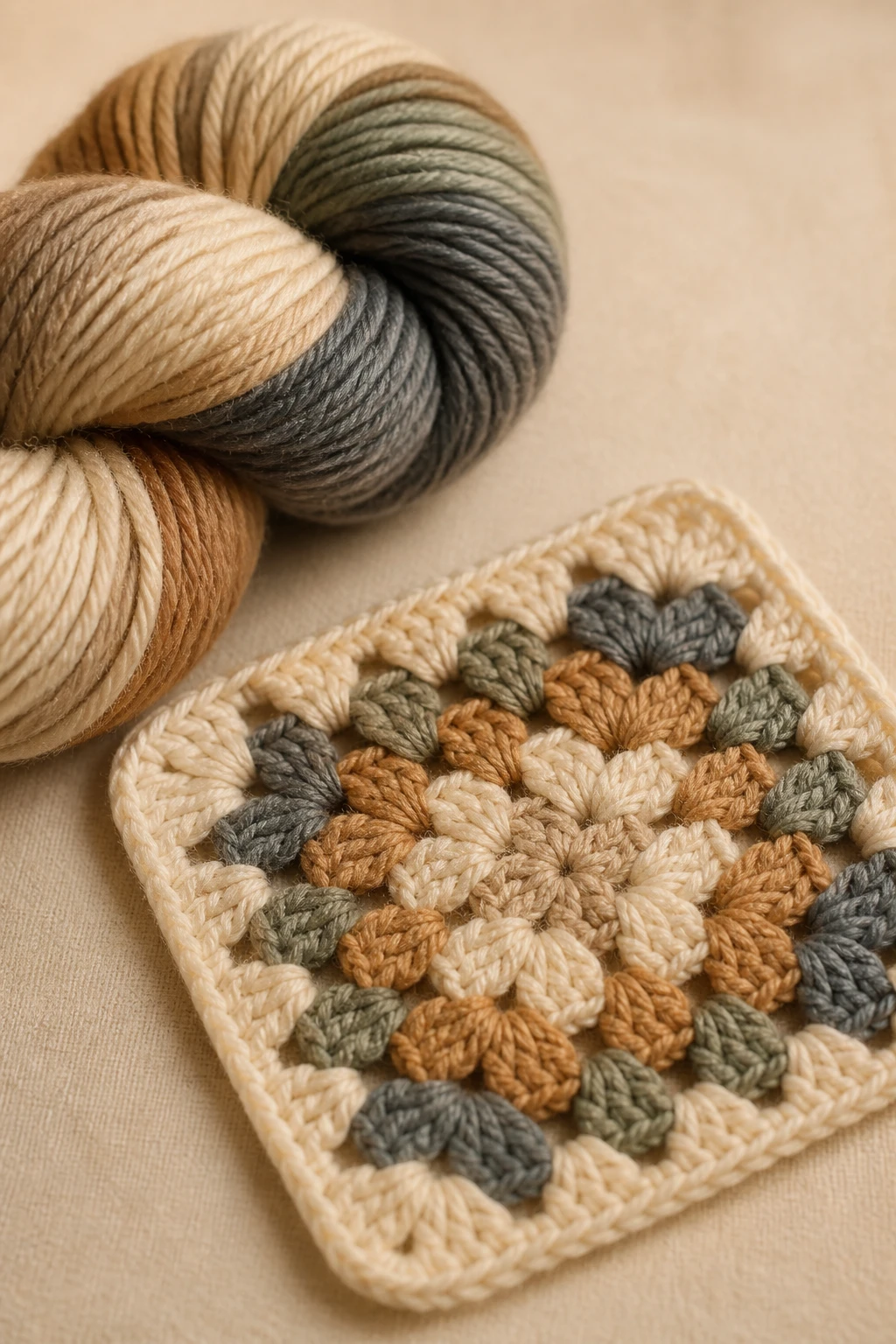 Closeup of a skein and a single completed granny square, warm neutral backdrop