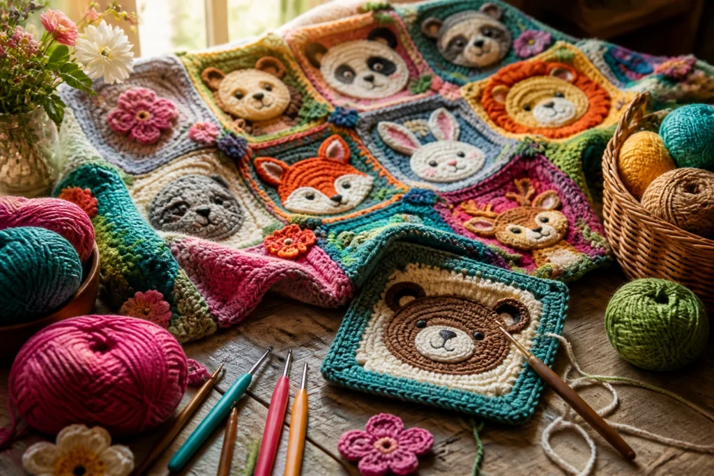 How to Crochet Animal Face Granny Squares